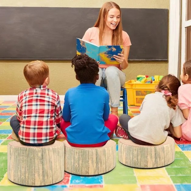 Conjunto de 3 bancos em forma de tronco de árvore para crianças, almofadas de chão com diferentes alturas, decoração natural para sala de aula ou crec