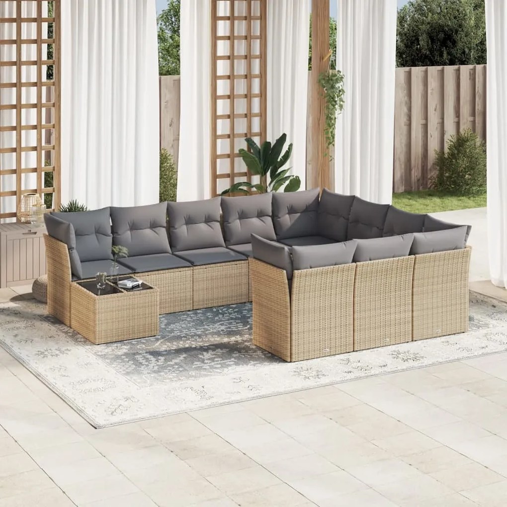 11 pcs conjunto sofás de jardim c/ almofadões vime PE bege