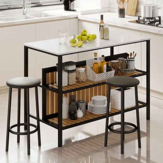 Conjunto de Ilha de Cozinha com 2 Bancos, 120 x 60 x 84 cm, Tampo com Efeito Mármore, Branco