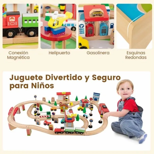 Conjunto de comboio para crianças de madeira maciça com 84 peças, mesa e carris para rapazes e raparigas com mais de 3 anos 97 x 62,5 x 39,5 cm Natura