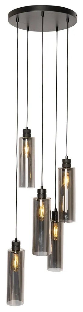 Candeeiro de suspensão moderno preto com vidro fumê 5 luzes - Stavelot Moderno