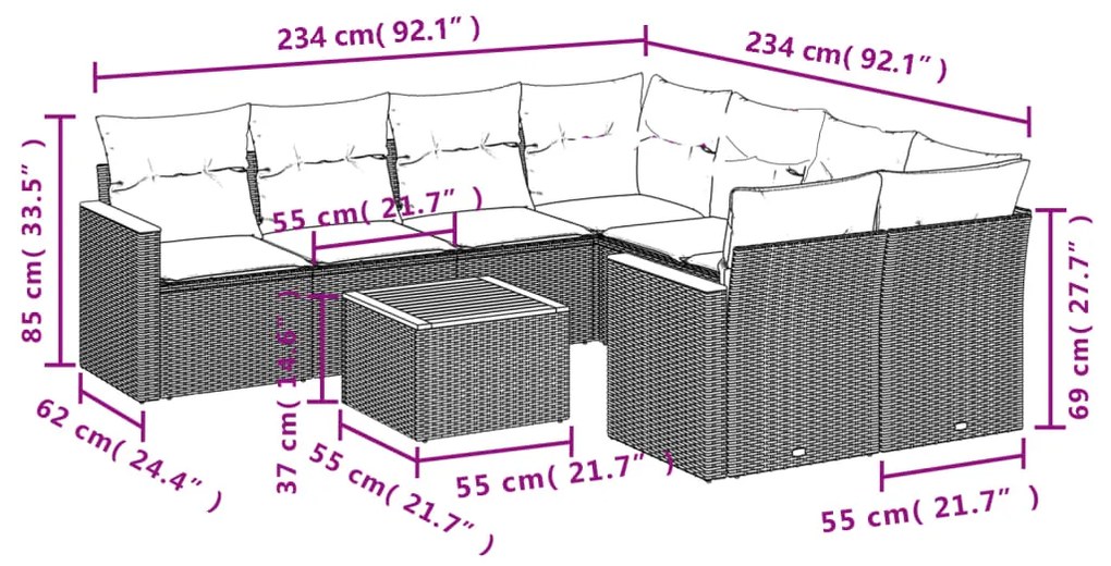 9 pcs conjunto sofás p/ jardim com almofadões vime PE cinzento