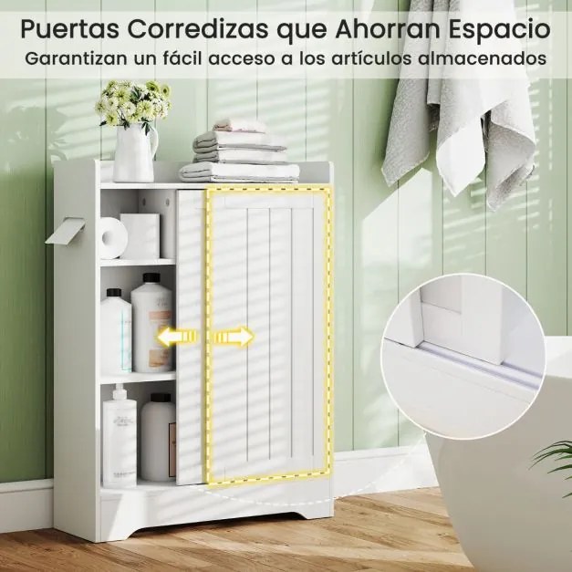 Armário de Casa banho ou cozinha 60 x 20 x 80 cm com porta-papel higiênico, compartimento para escova e prateleiras ajustáveis com 2 portas deslizante