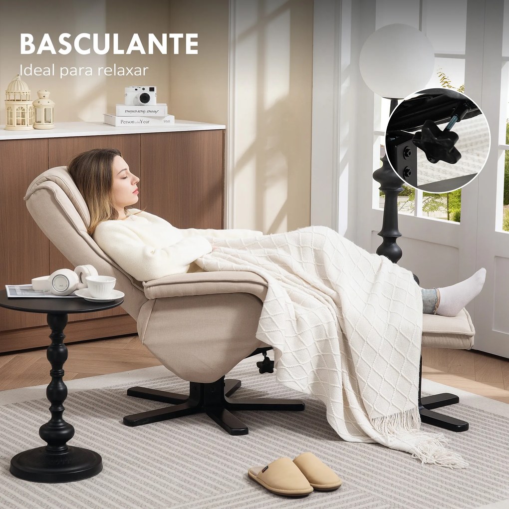 Poltrona Relax Reclinável com Apoio para os Pés Poltrona Giratória Estofada em Linho e Função Baloiço 67x87x96 cm Bege