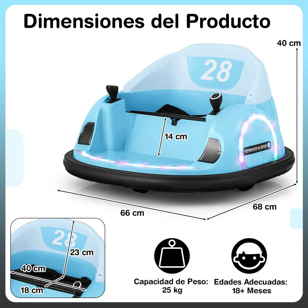 Carrinho de choques elétrico 12V para crianças com controle remoto, luz LED, buzina e música, rotação de 360° com cinto de segurança azul