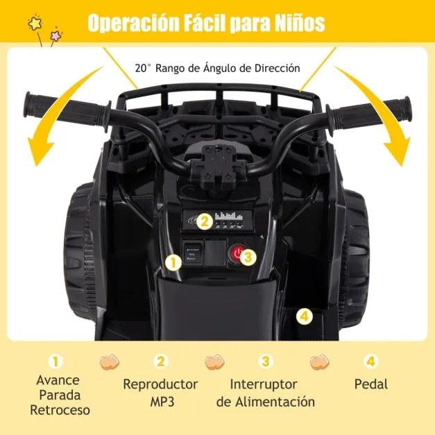 Moto 4 eletrica para crianças 6V de 4 rodas com botão de arranque Pneus Faróis LED Preto