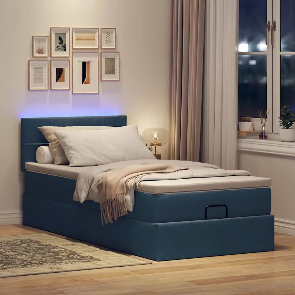 Cama Otomana com Colchão & LEDs Tecido Azul 90x200 cm