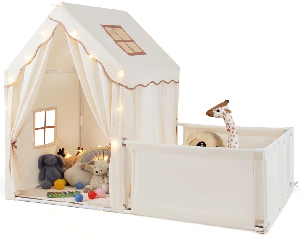 Tenda infantil 2 em 1 com Luzes de estrelas 177 x 97 x 136 cm Tapete Cortinas Janelas para crianças 3+ anos Interior Bege