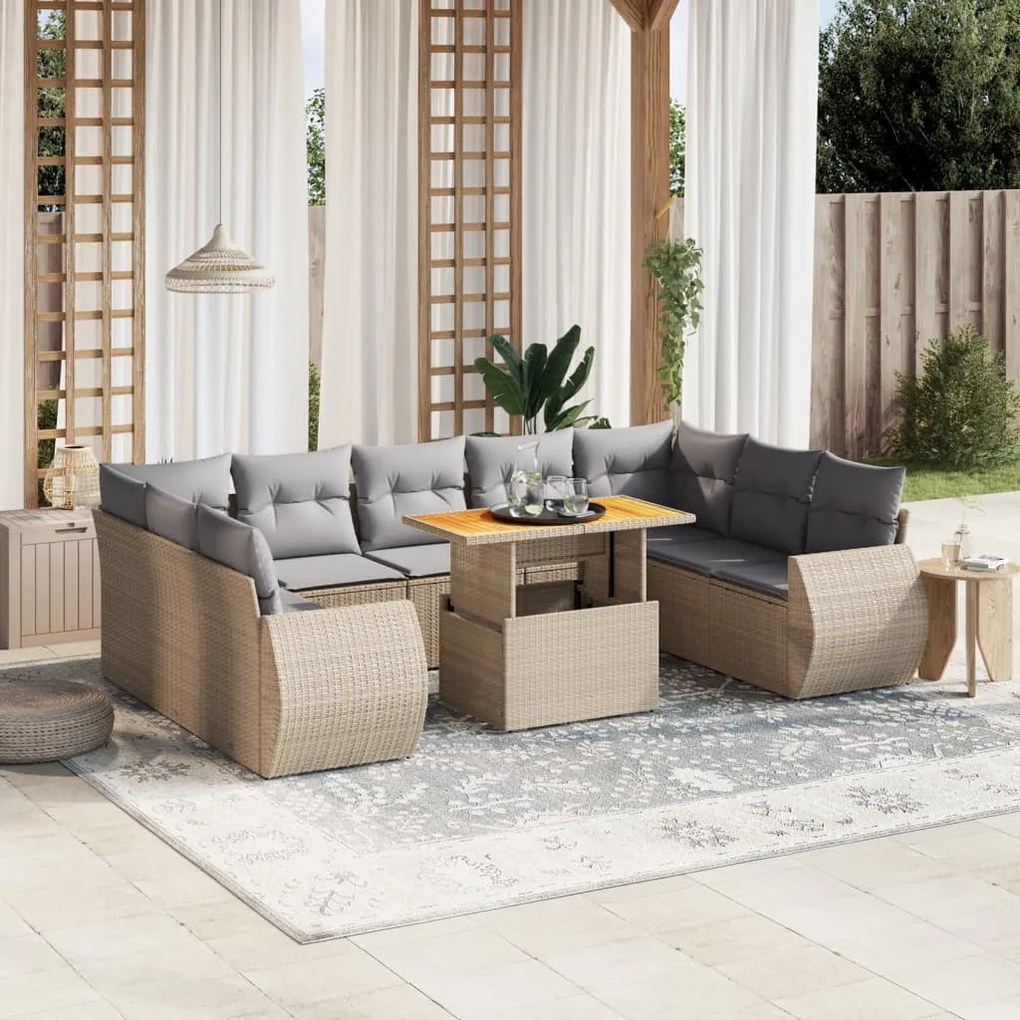 10 pcs conjunto de sofás p/ jardim com almofadões vime PE bege