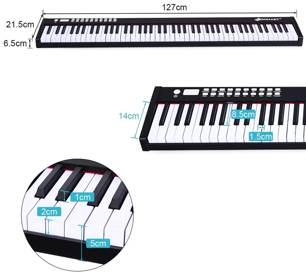 Piano Digital com 88 Teclas e Armazenamento com Função Bluetooth MIDI e Notas Precisas para Crianças e Adultos 127 x 21,5 x 6,5 cm  Preto e Branco