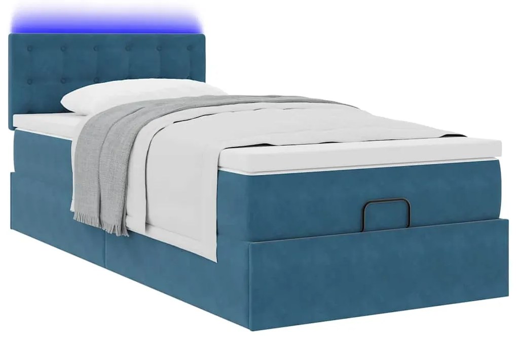 Estrutura cama otomana com colchão azul escuro 90x190cm veludo