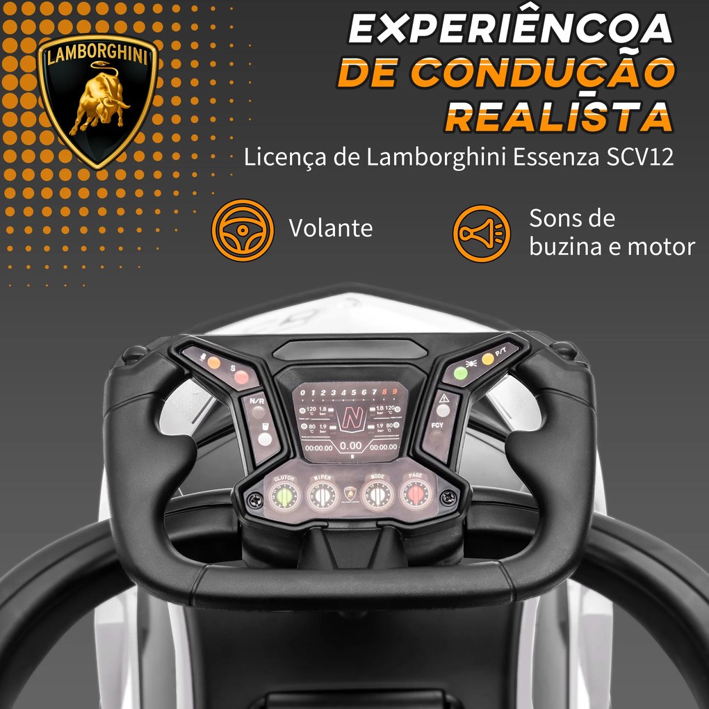 AIYAPLAY 2 em 1 Carro Andador para Crianças 12-36 Meses Lamborghini Essenza SCV2 Carro Andador com Buzina Guiador e Grade de Segurança Removível 86,5x40x89,5cm Branco e Preto