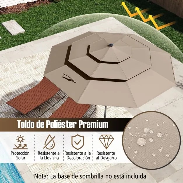 Guarda-sol para jardim de 313 cm com 32 luzes LED, teto ventilado de 3 níveis e ajuste de inclinação Castanho