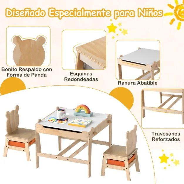 Conjunto de mesa e 2 cadeiras infantil 4 em 1 com quadro branco reversível e giz 2 gavetas de armazenamento Móvel de madeira Panda