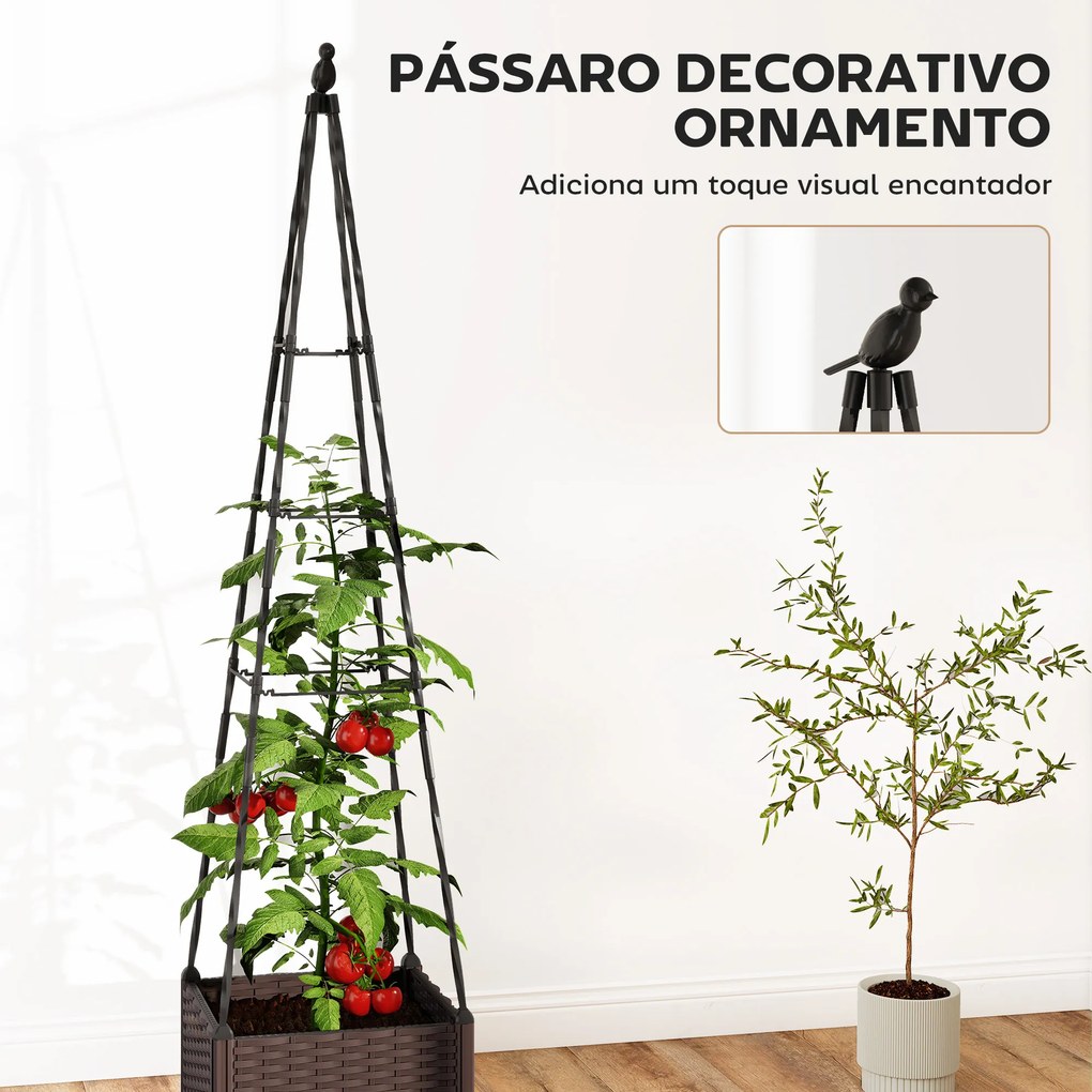 Floreira com Treliça Metálica para Plantas Trepadeiras Vaso de PP com Orifícios de Drenagem e Tampões 40x40x175 cm Castanho e Preto