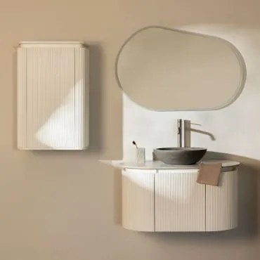 Conjunto De Móvel De Casa De Banho Em Madeira Carsone Branco & Branco & Cimento Cinzento Redondo Ø40 Cm Tarsis & Oval Led E - Sklum