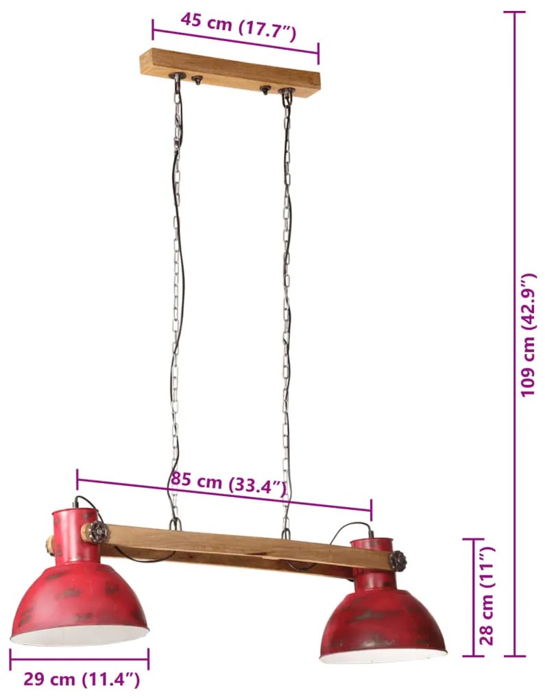 Candeeiro suspenso 25 W 85x28x109 cm E27 vermelho desgastado