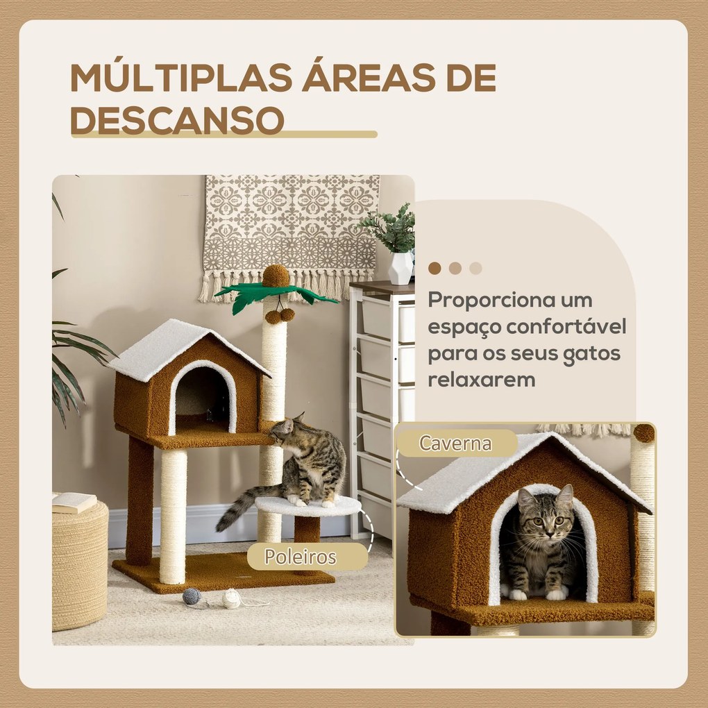 Árvore Arranhador para Gatos Altura 89cm Torre para Gatos com Casa de Pelúcia Plataforma Poste em Forma de Coqueiro de Sisal e Bolas Suspensas 55x40x8