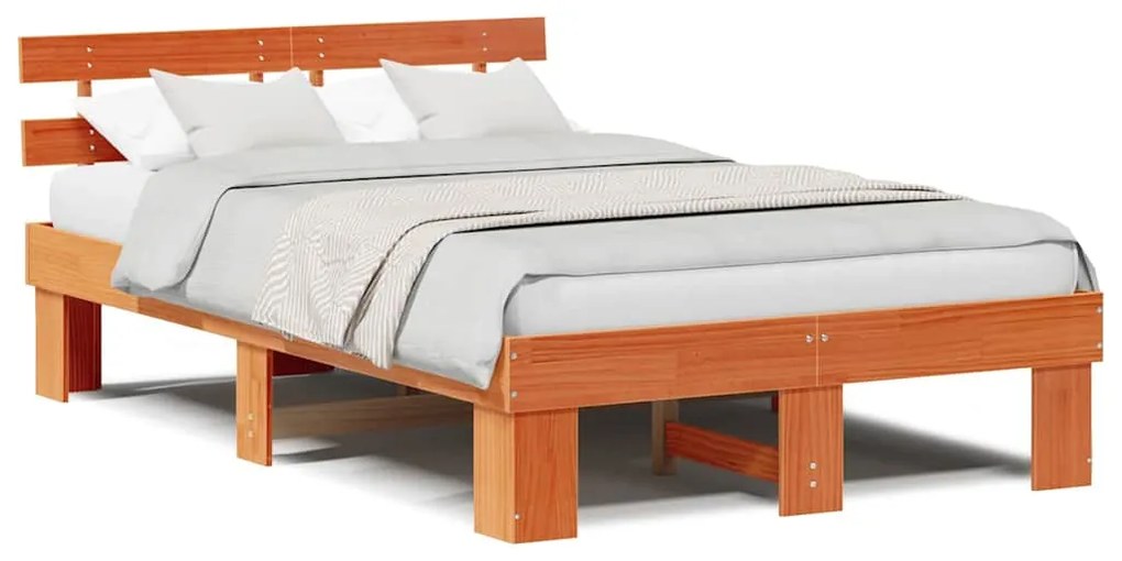 Estrado de Cama com Cabeceira Castanho Encerado 140x190 cm de Madeira