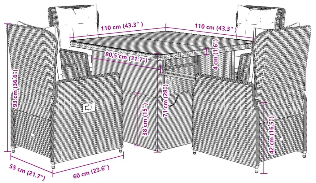 5 pcs conjunto de jantar p/ jardim com almofadões vime PE bege