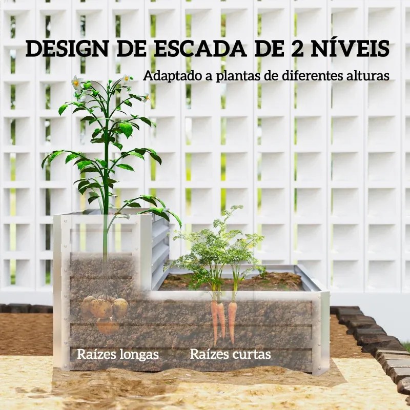 Floreira de Cultivo de 2 Níveis em Aço Galvanizado com Design em Escada e Fundo Aberto 120x101x58 cm Prata