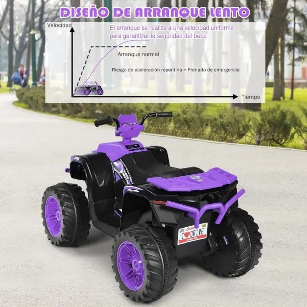 Moto 4 para crianças elétrica a bateria 12V Marcha à frente e atrás Velocidade alta e baixa com música Luzes LEDs Púrpura