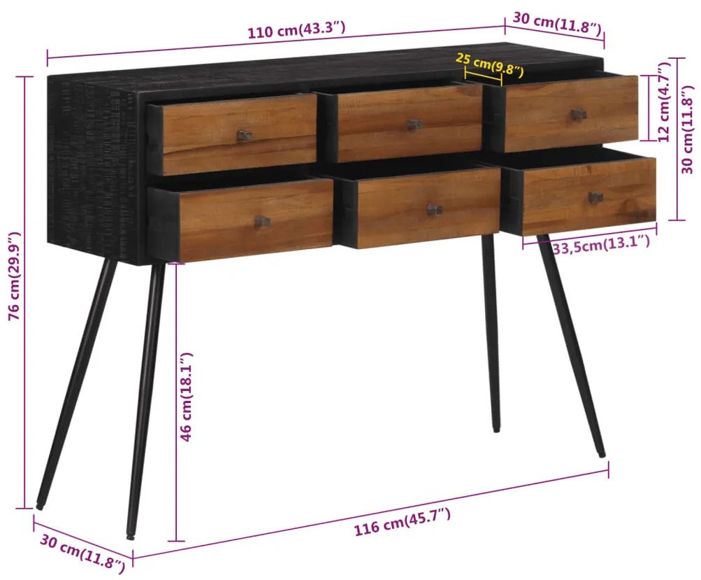 Mesa consola com gavetas 116x30x76 cm teca recuperada maciça