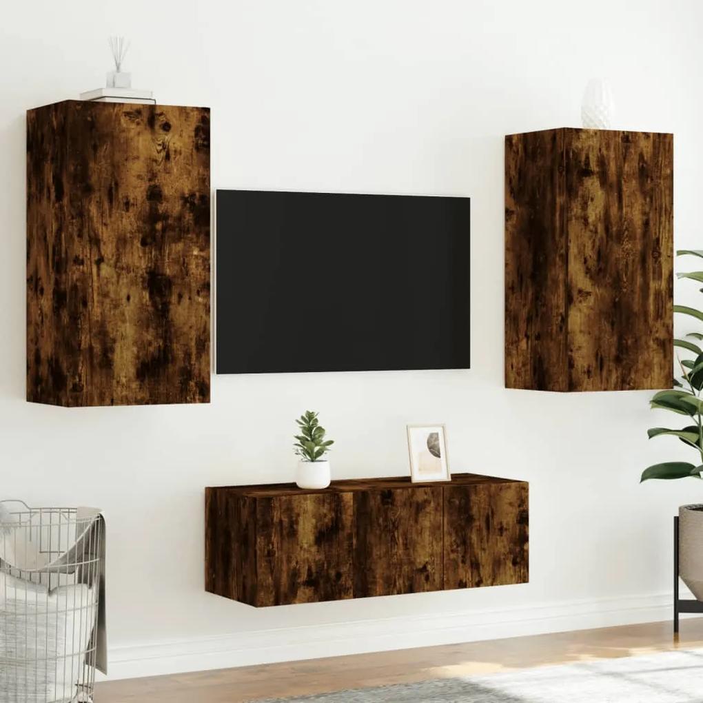 4pcs móveis parede p/ TV c/ LEDs deriv. madeira carvalho fumado