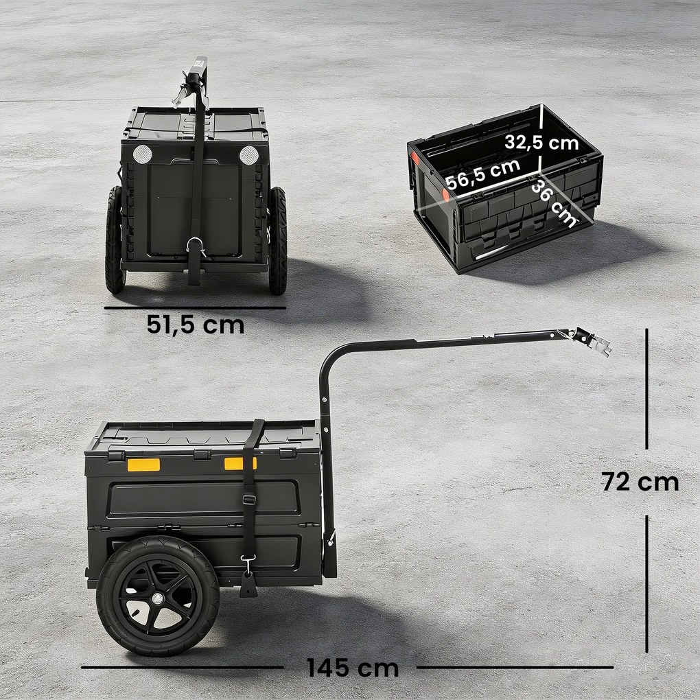 Reboque para bicicleta de carga 145 x 51,5 x 72 cm, carrinho de transporte dobrável, caixa de plástico de 65 L, tampa de abertura rápida, preto