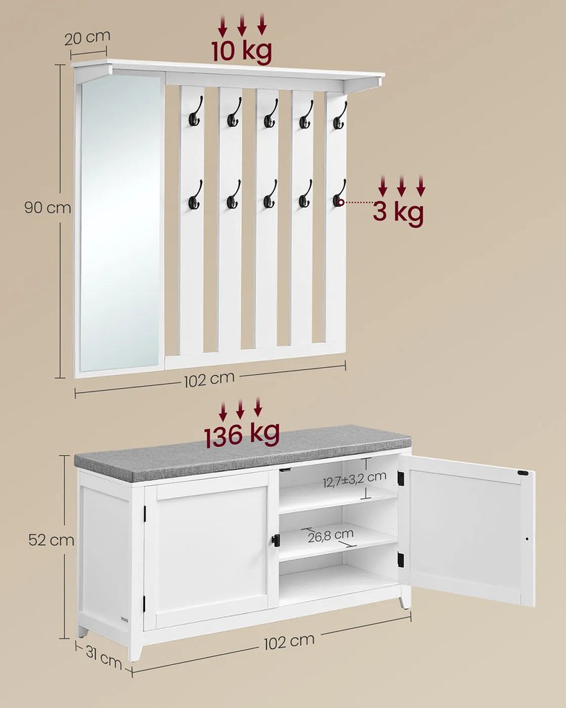 Conjunto de bengaleiro de parede Ebanco de sapatos com 10 ganchos duplos 102 cm de largura Branco