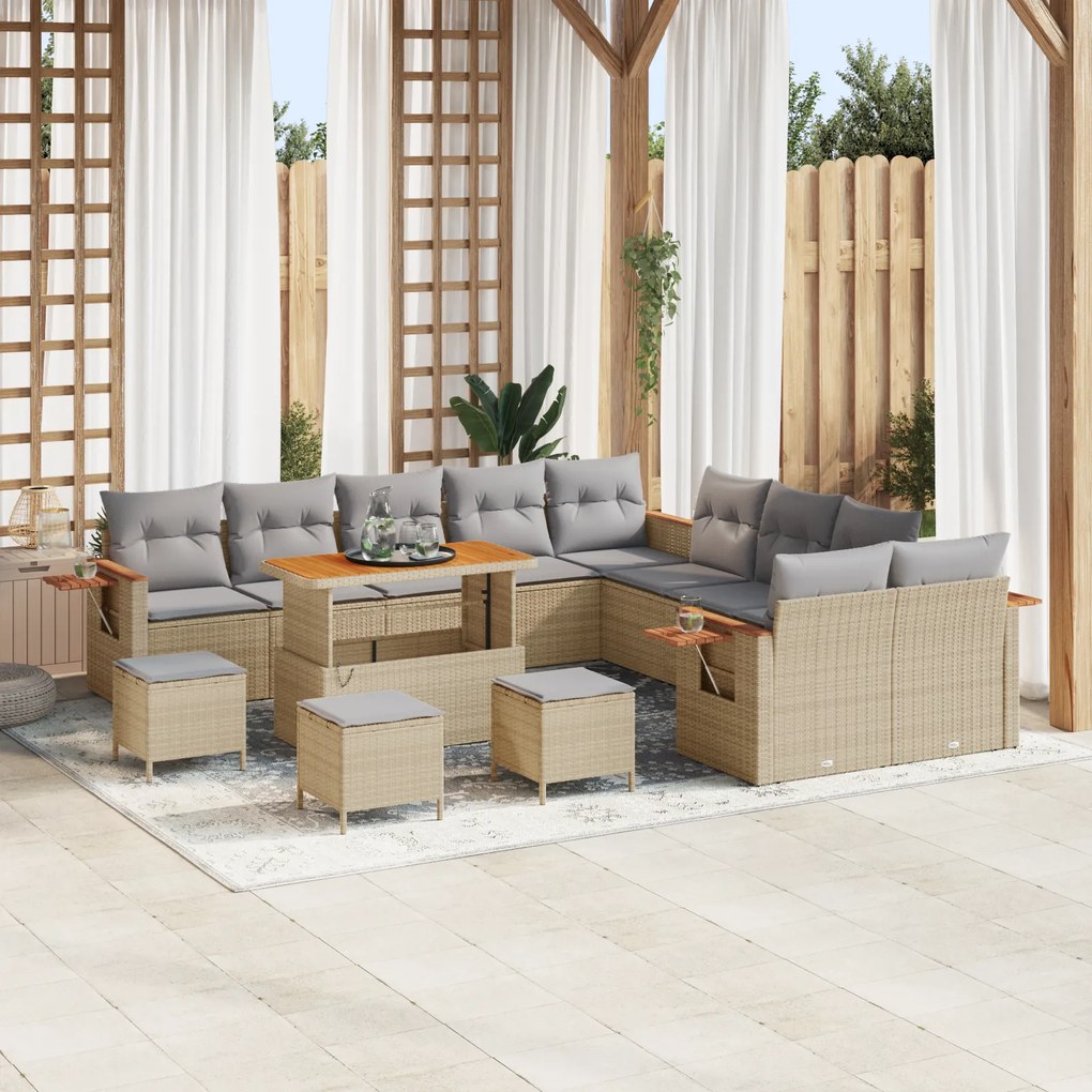 Conjunto de Sofá de Jardim vidaXL com 14 Peças e Almofadas Bege Rattan Sintético Acácia