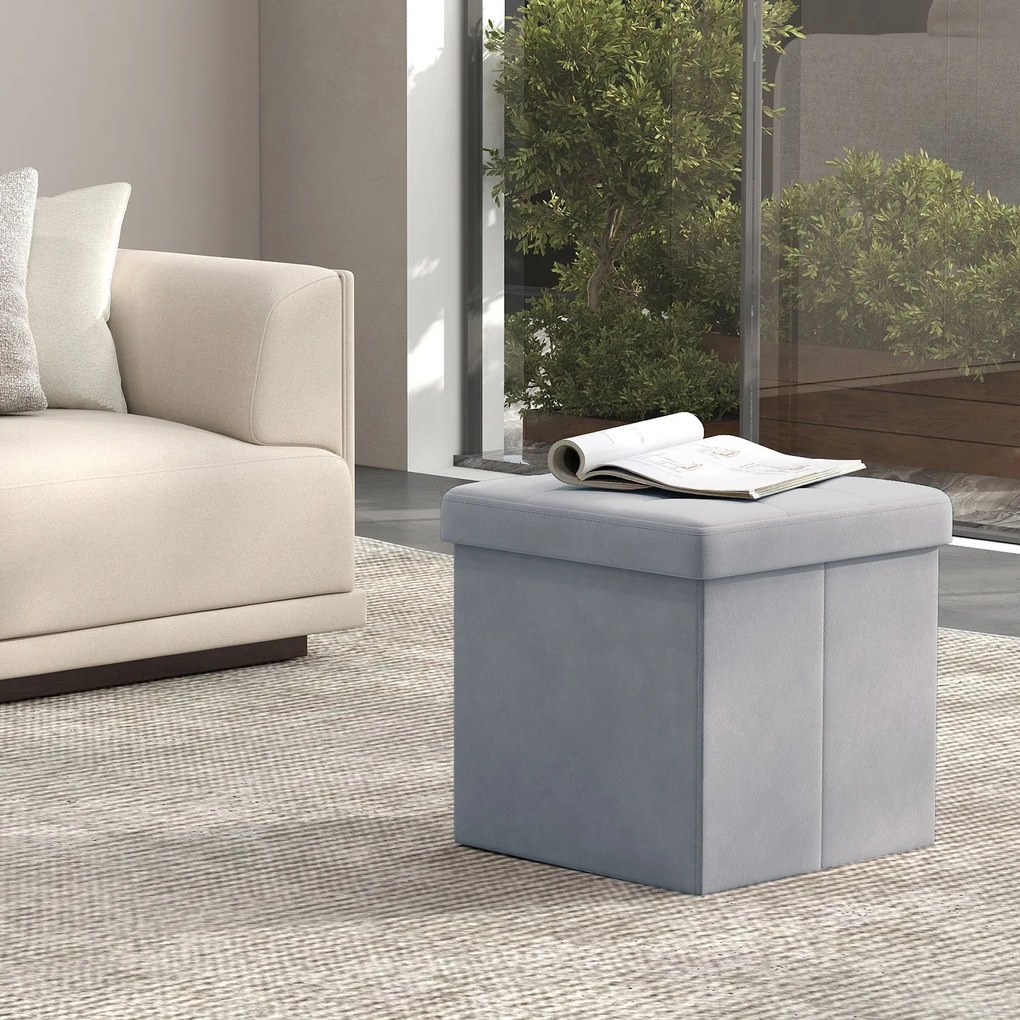 Banco com espaço de arrumação em veludo 38 x 38 x 38 cm cinzento