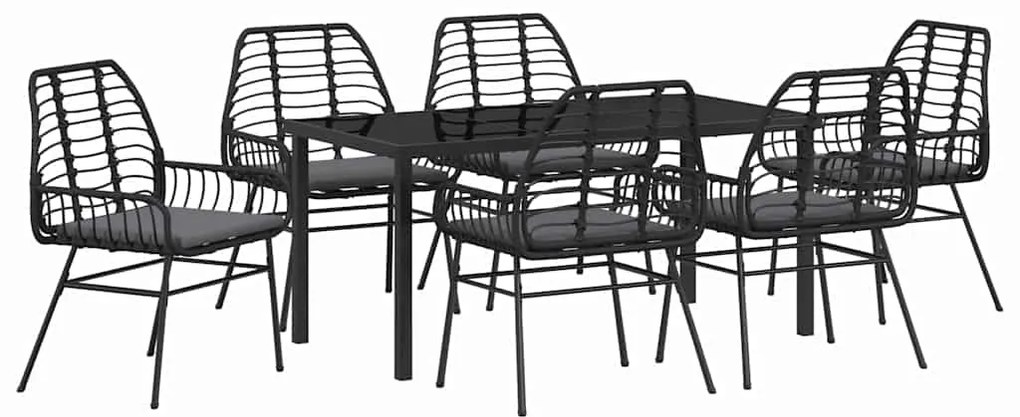 Conjunto de Jantar de Jardim com 7 Peças e Almofadas Preto em Poli Rat