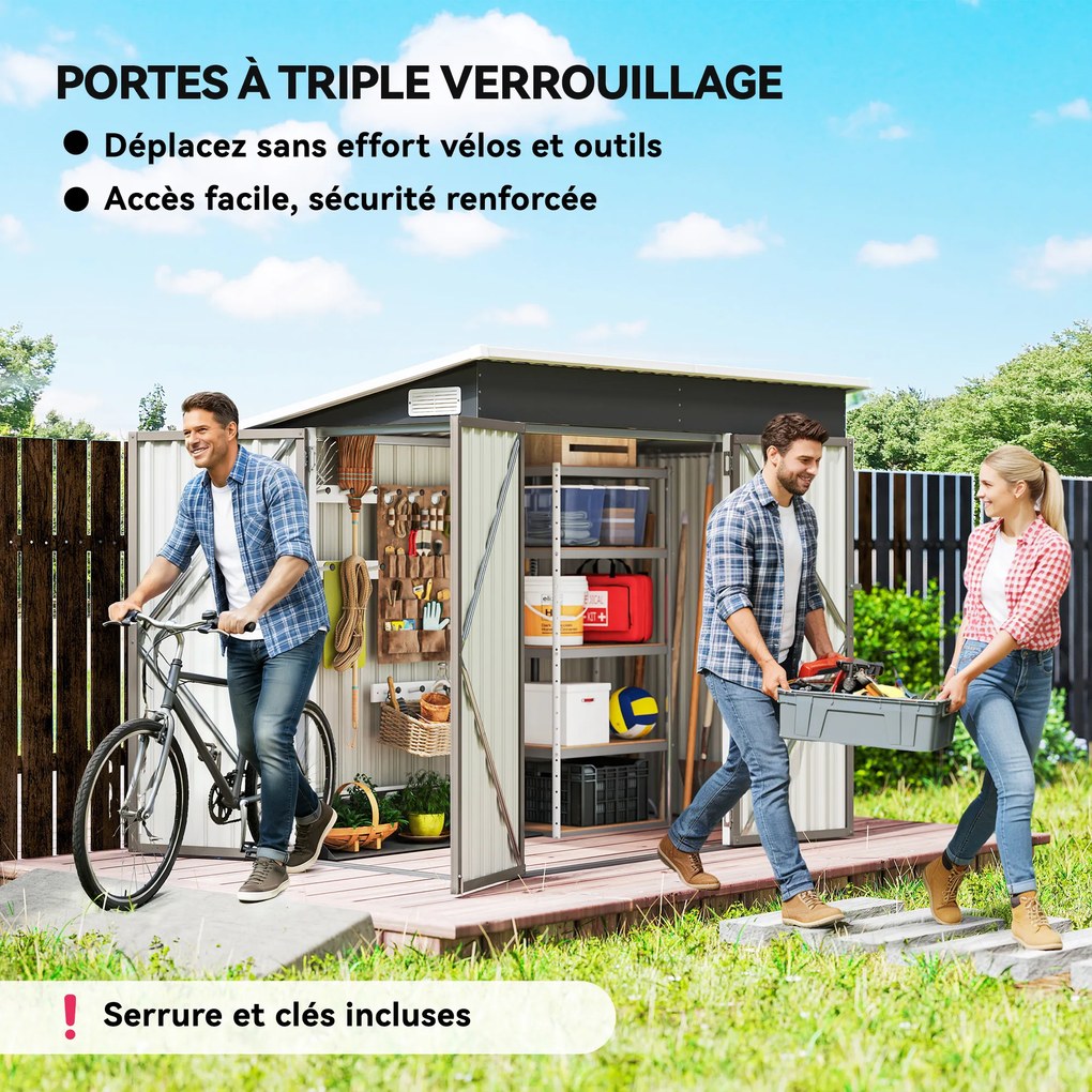 Abrigo de jardim em metal 234 x 132 x 185 cm, com três portas com fechadura, telhado inclinado e aberturas de ventilação, cinzenta