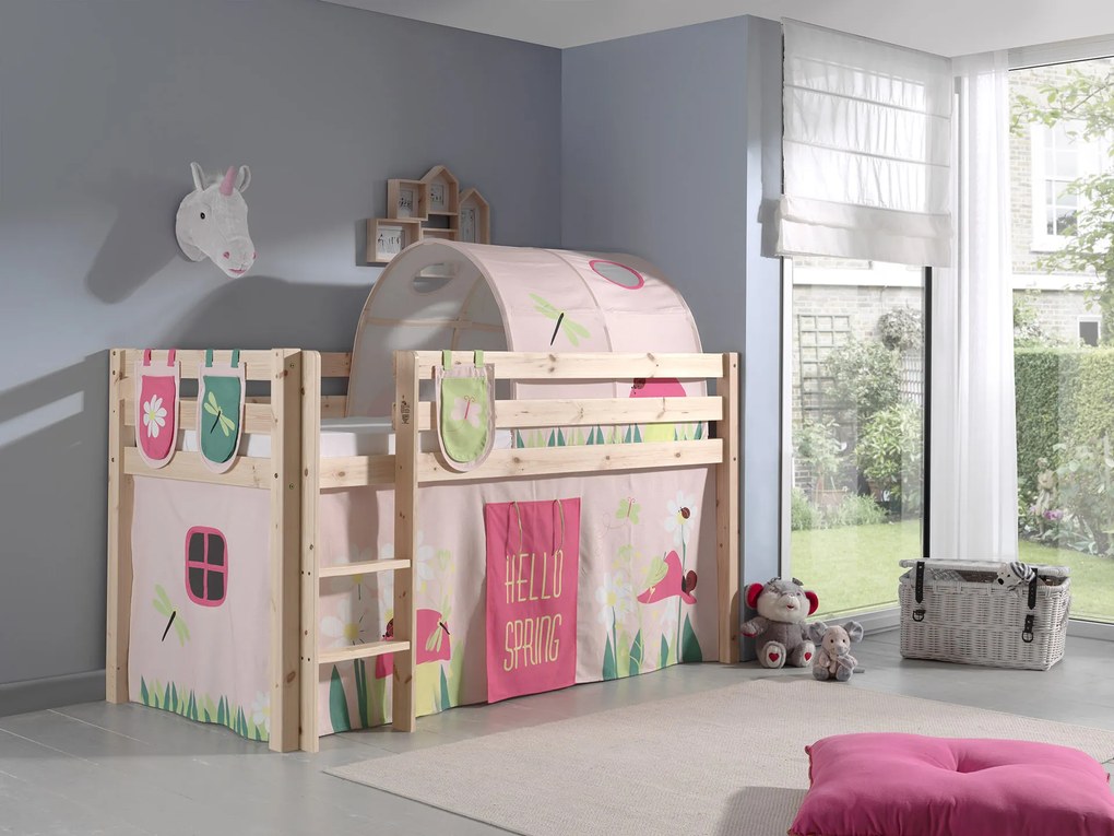 Conjunto Cama alta de Criança PINO 90 x 200 cm + estrado + escada + cortina + 3 bolsas + túnel Primavera Natural