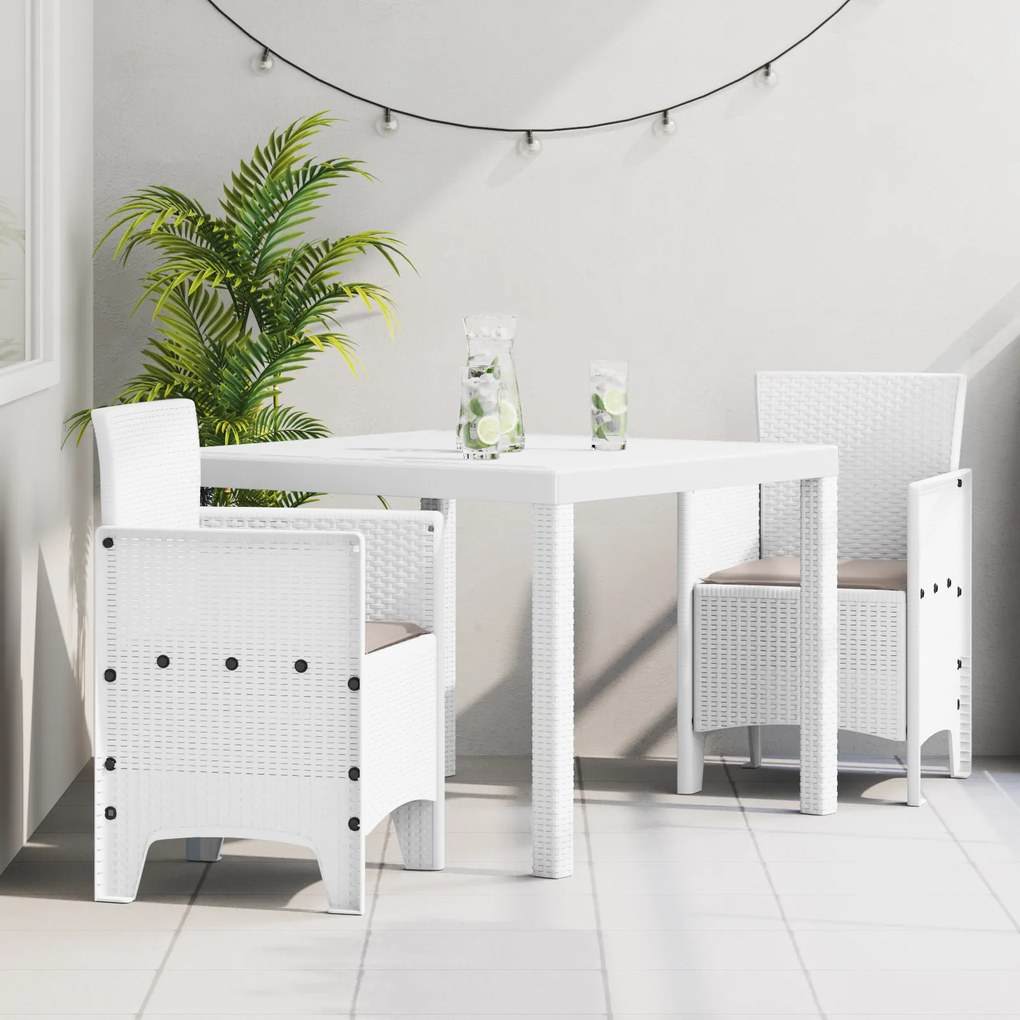 vidaXL Conjunto de Jantar de 3 Peças para Jardim com Almofadas Branco Rattan Sintético