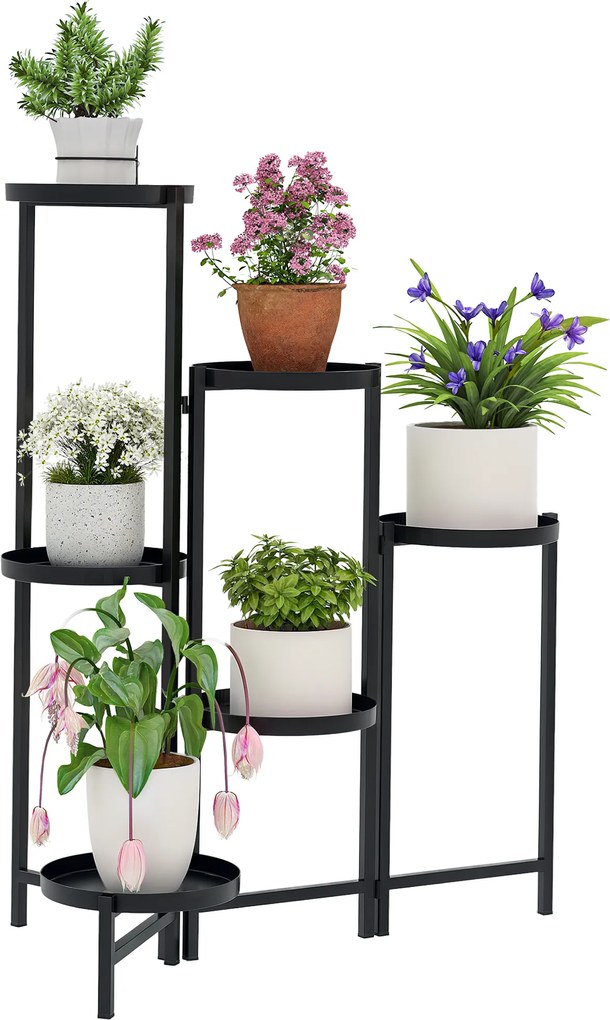 Suporte para plantas com 6 níveis  60 x 40 x 80 cm, prateleira ajustável e dobrável em metal, design sem parafusos, preto
