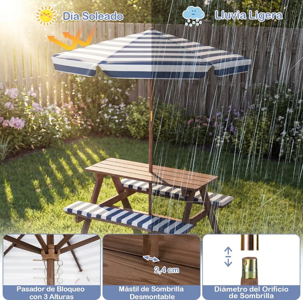 Conjunto de mesa de piquenique para crianças com 2 bancos de madeira, guarda-sol dobrável e ajustável, almofadas para uso interior e exterior, azul-ma