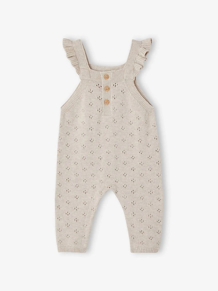 Jardineiras em tricot, alças com folhos, para bebé bege mesclado