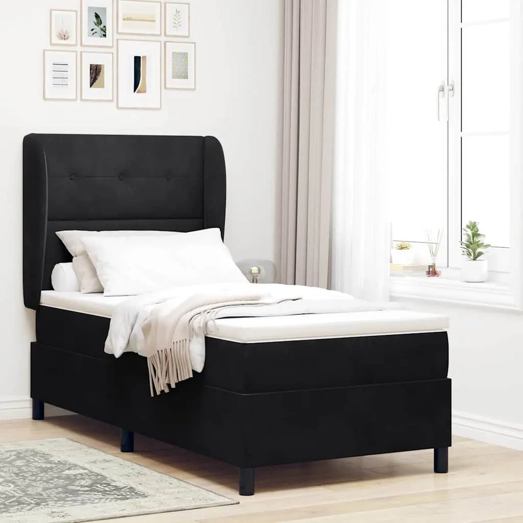 vidaXL Cama Box com colchão com cabeceira Preto 190 x 90 cm Poliéster
