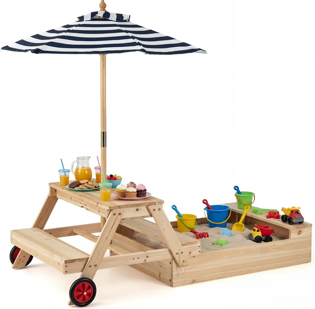 Caixa de areia infantil de madeira 3 em 1 com guarda-sol ajustável, mesa de piquenique, bancos, 2 compartimentos ocultos e rodas para uso no exterior