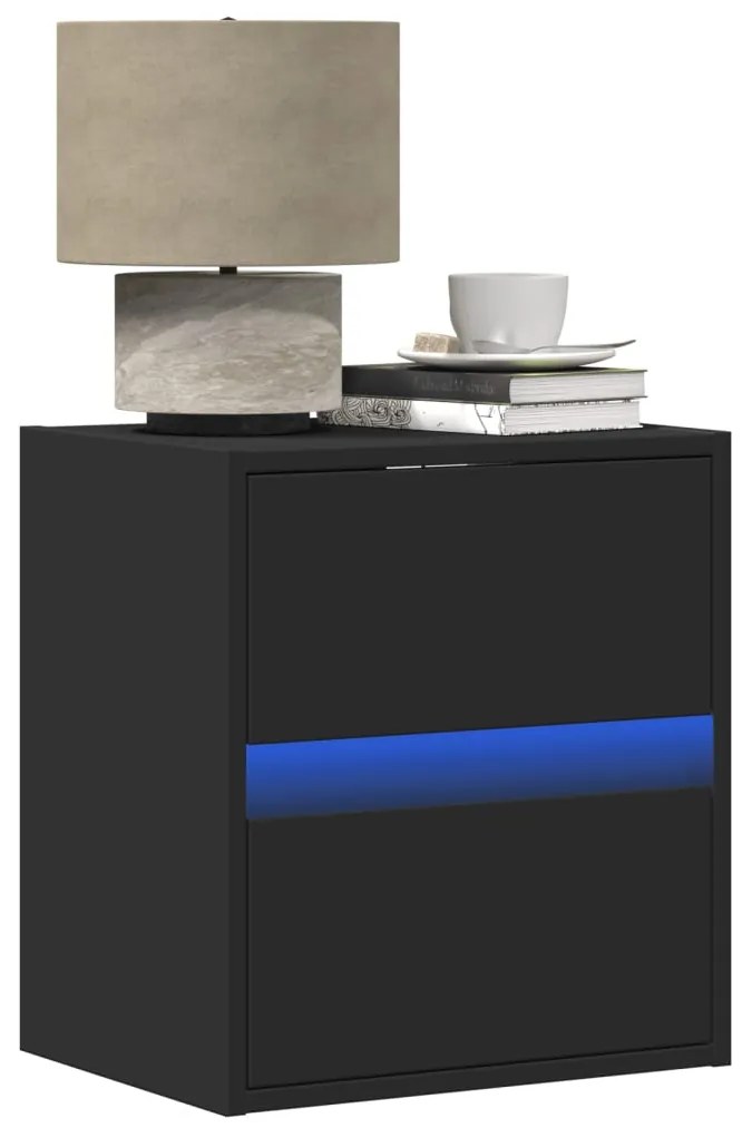 Mesas de cabeceira de parede com luzes LED 2 pcs preto