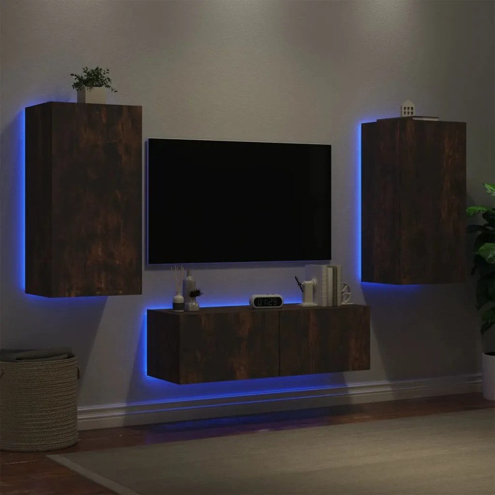 3 pcs móveis de parede para TV com luzes LED carvalho fumado