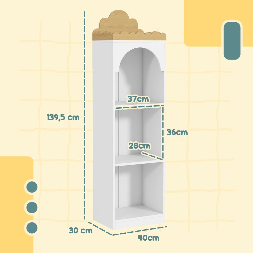 Estante para Livros Infantil de 3 Niveis Estante de Livros para Escola Infantil Dormitório 40x30x139,5 cm Branco e Madeira