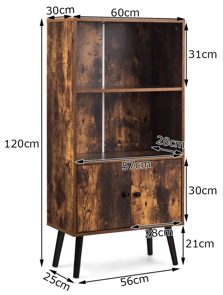 Estante Retro com Armário Industrial e Estante de 2 Níveis para Livros 60 x 30 x 120 cm Castanho