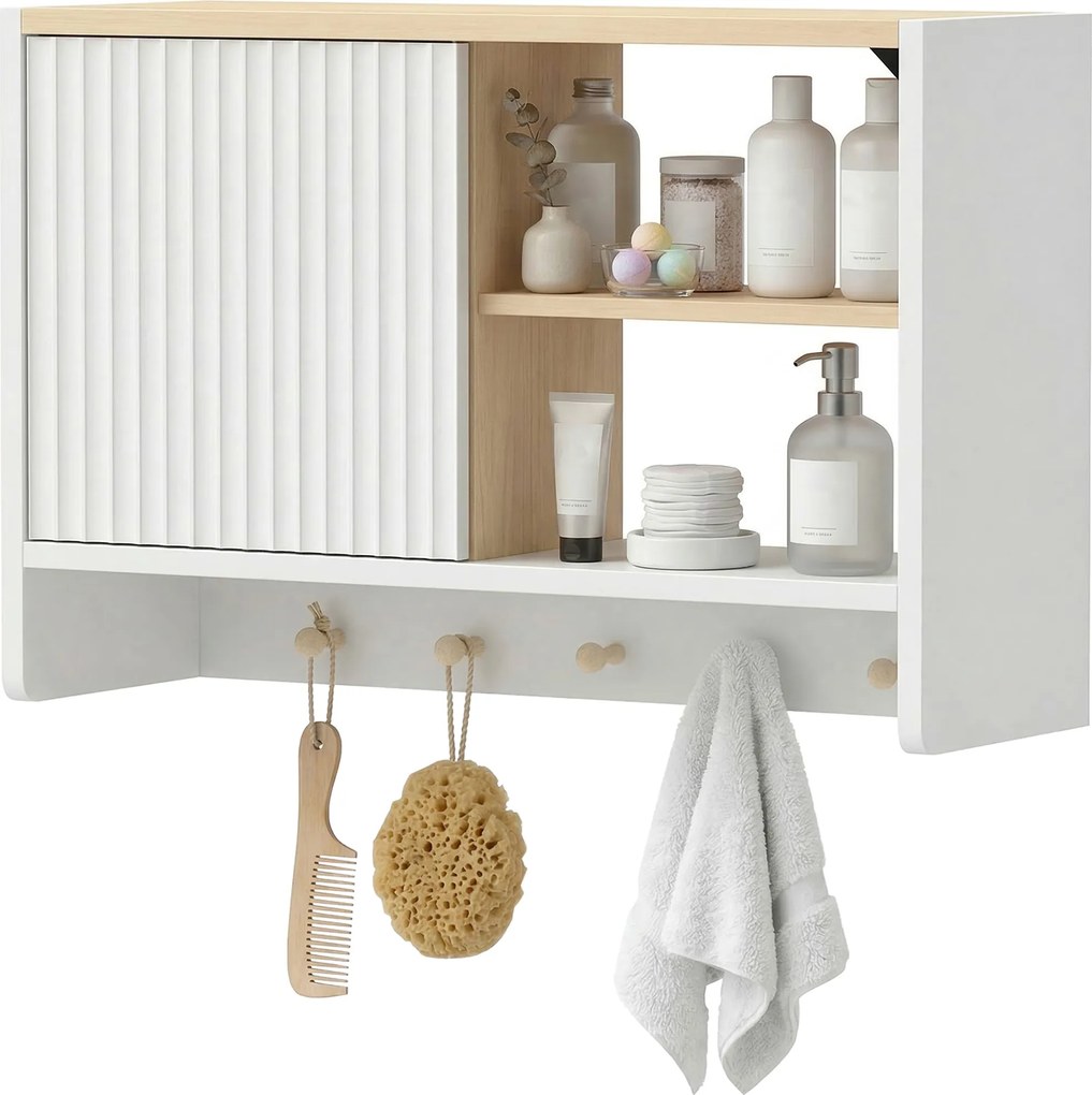 Armário de parede para casa de banho 60 (L) x 20 (P) x 40 (A) cm, móvel de arrumação para casa de banho com porta, prateleiras abertas e 5 ganchos bra