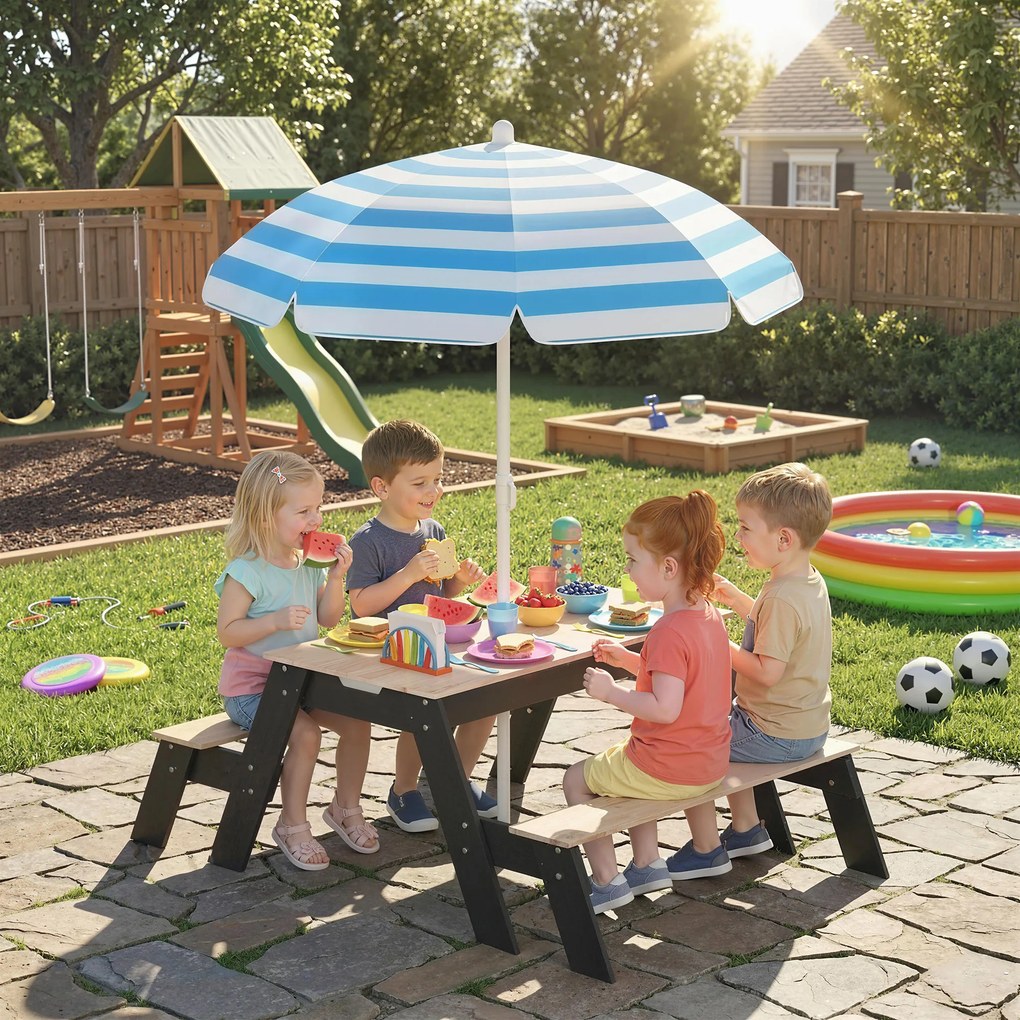 Mesa de piquenique infantil com guarda-sol, conjunto de jardim 3 em 1 em madeira para crianças dos 3 aos 6 anos com 2 caixas, natural