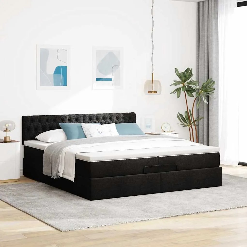 Estrutura de cama otomana com colchão 200x200 cm tecido preto