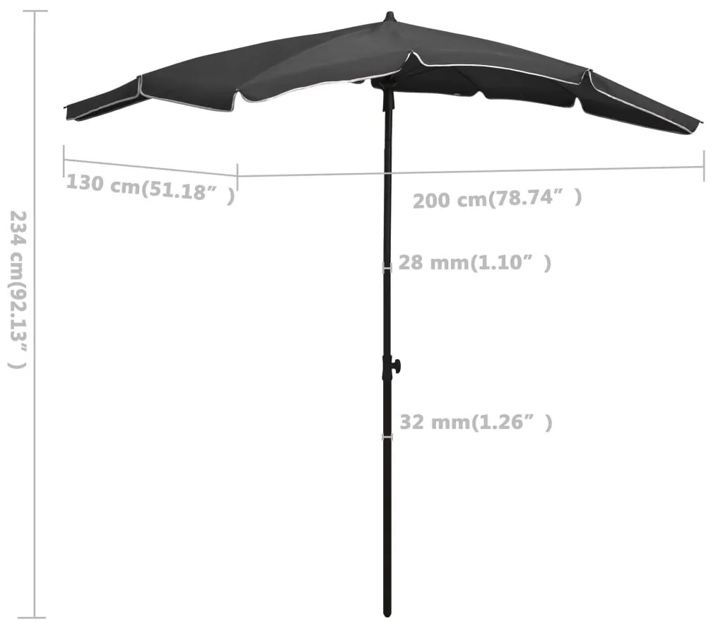 Guarda-sol de jardim com poste 200x130 cm antracite
