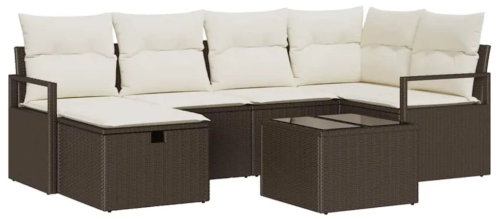 Conjunto de sofá de jardim de 7 peças com almofadas marrons em rattan